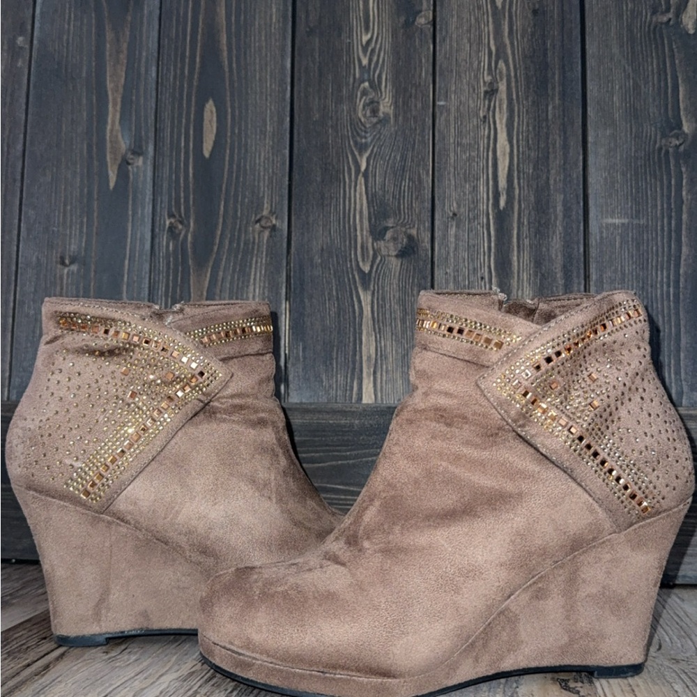 Brown Suede Ankle Boots with Gold Accents